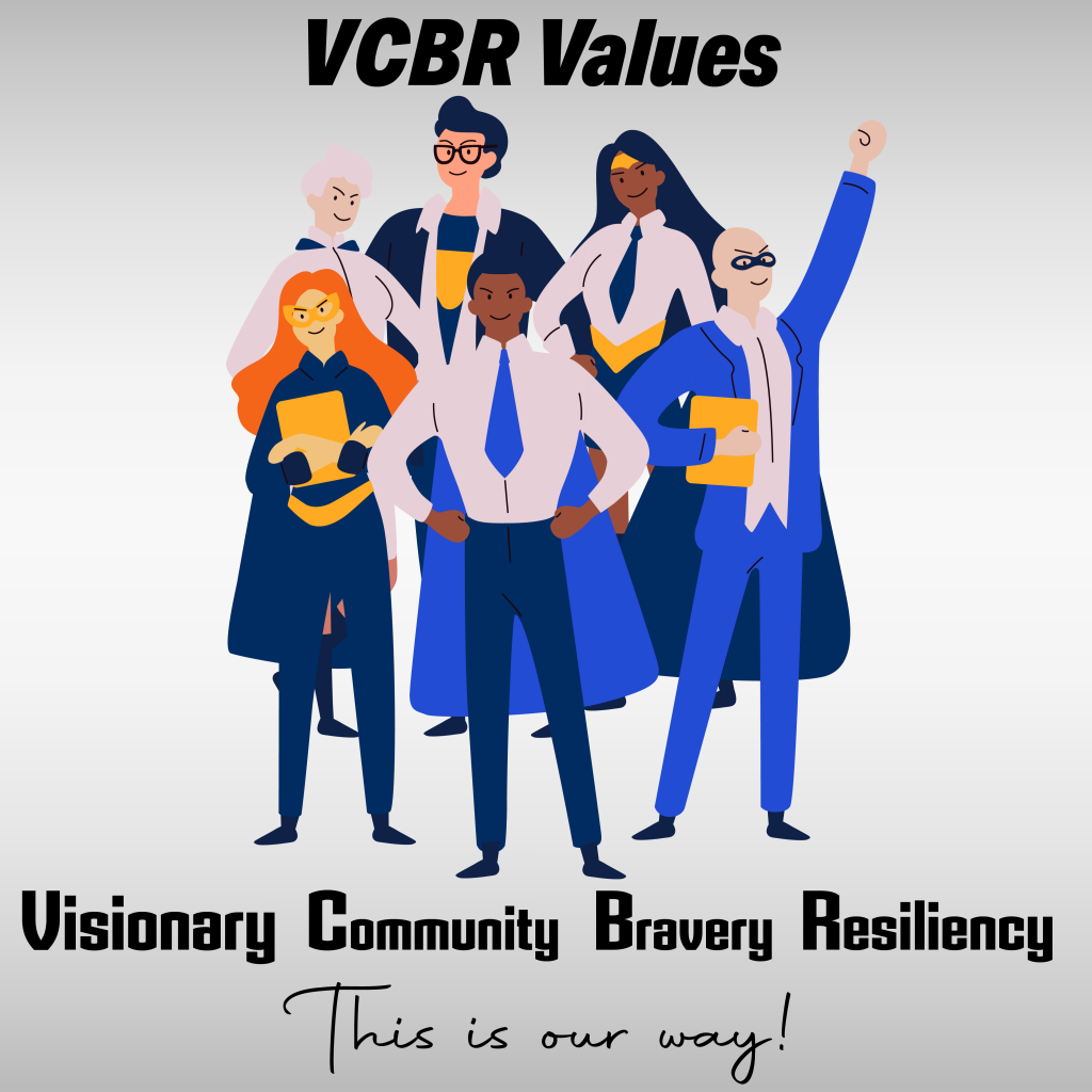 سپر ہیرو ملازمین (VCBR اسٹاف) کی تصویر جو سہولت میں رکھی گئی اقدار کے لیے کھڑی ہے۔